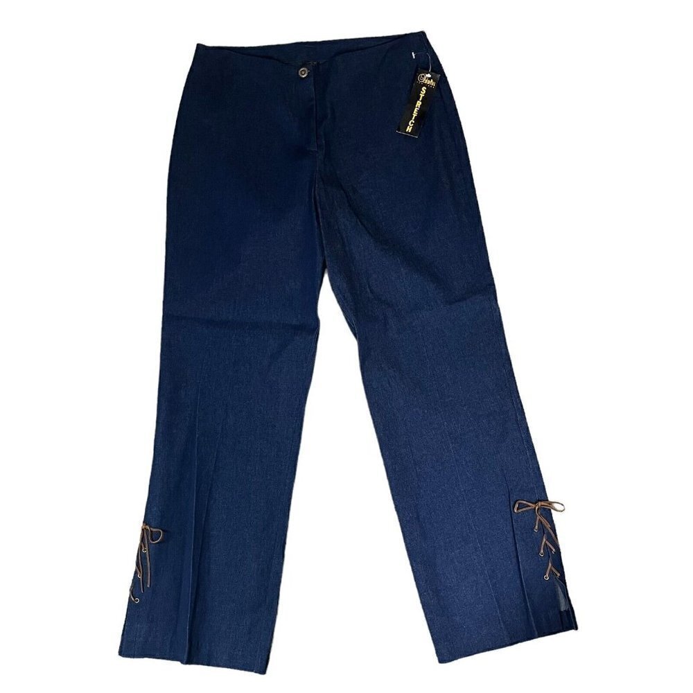 David Paul Denim Jeans High Waist Dark Blue Stretch Tie Accent Womens 14